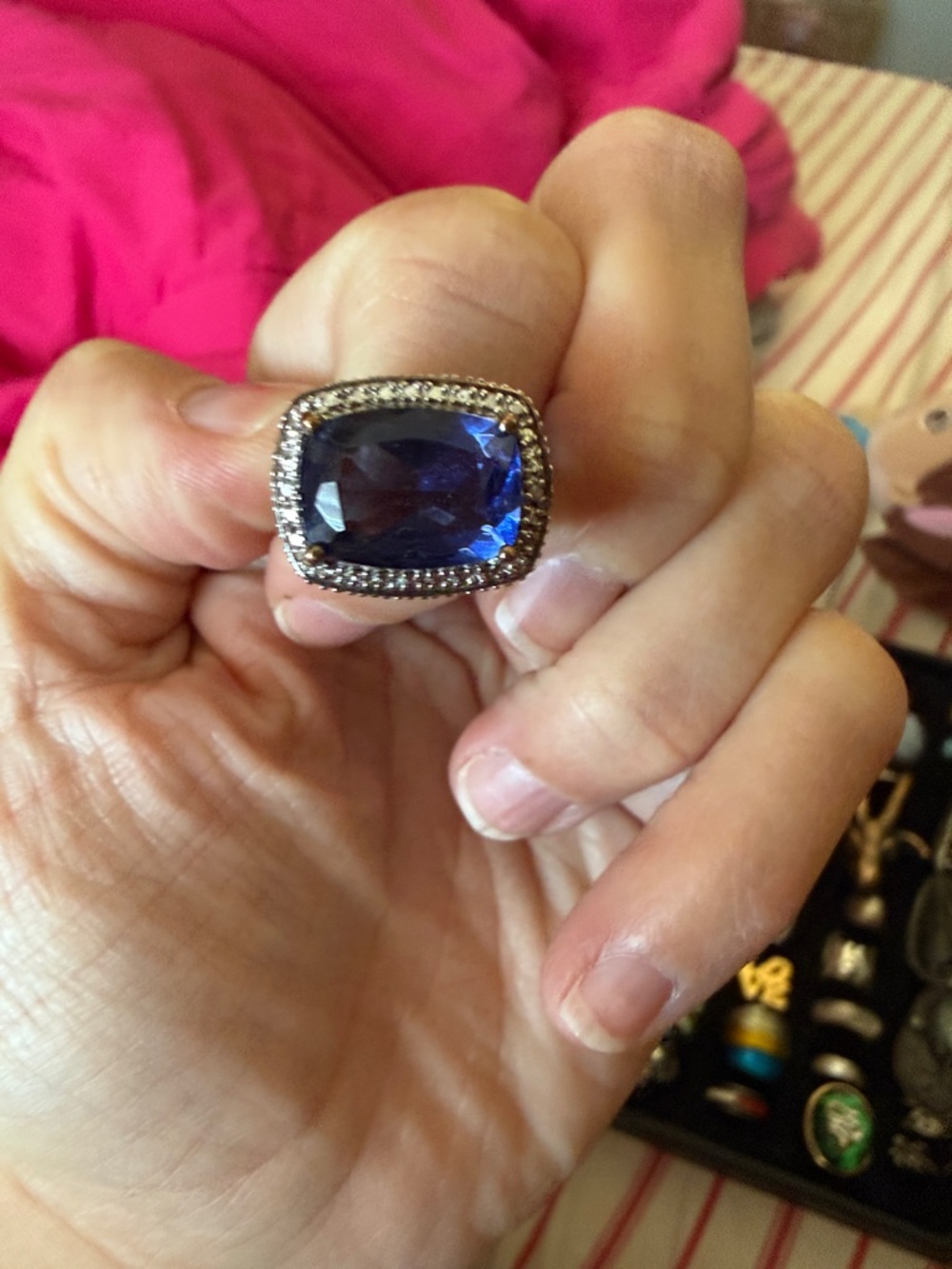 Ross-Simons Deep Blue Cushion Crystal Halo Ring